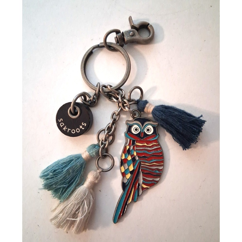 Sakroots Owl Keychain Bag Charm Tassel Boho Blue Red Silver Tone Accessory